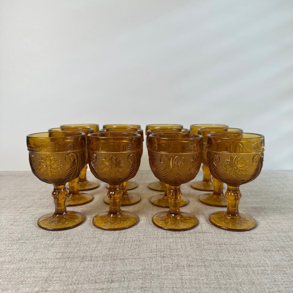 Vintage Tiara Indiana Glass Amber Sandwich Petite Wine Glasses Set of 12